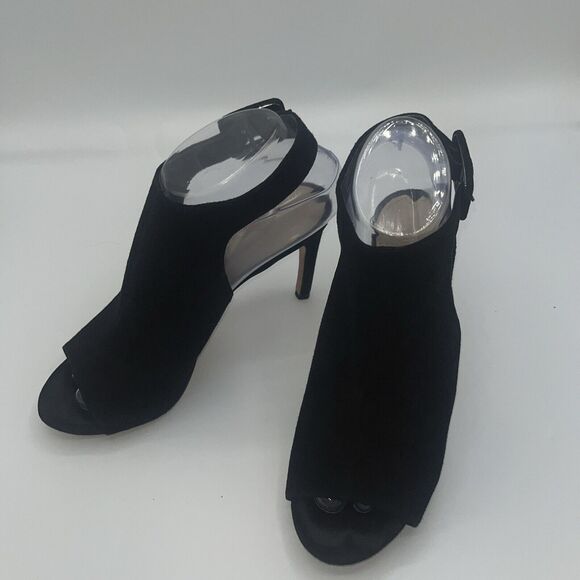 Via Spiga 6.5 Black Suede Peep Toe Buckle Strap Heels - Picture 3 of 7